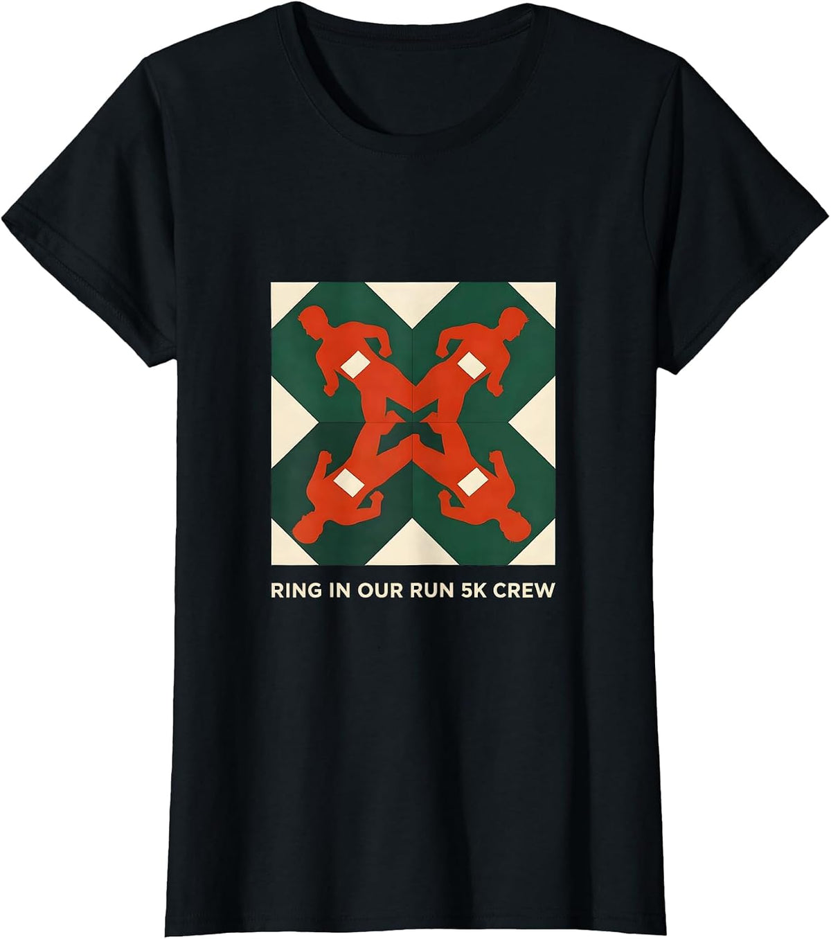 Ring In Our Run 5K Crew Quilt Block Patchwork Christmas Fun T-Shirt - Black