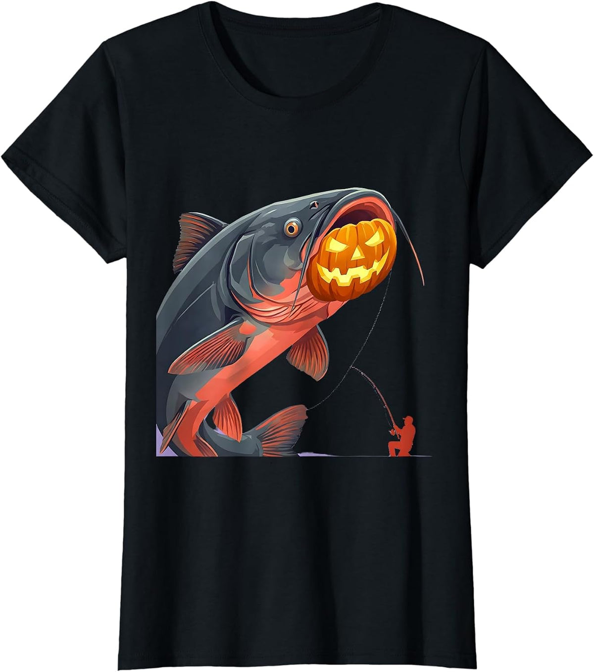 Halloween Monster Fish Catfish Angler Flat Vector T-Shirt - Black