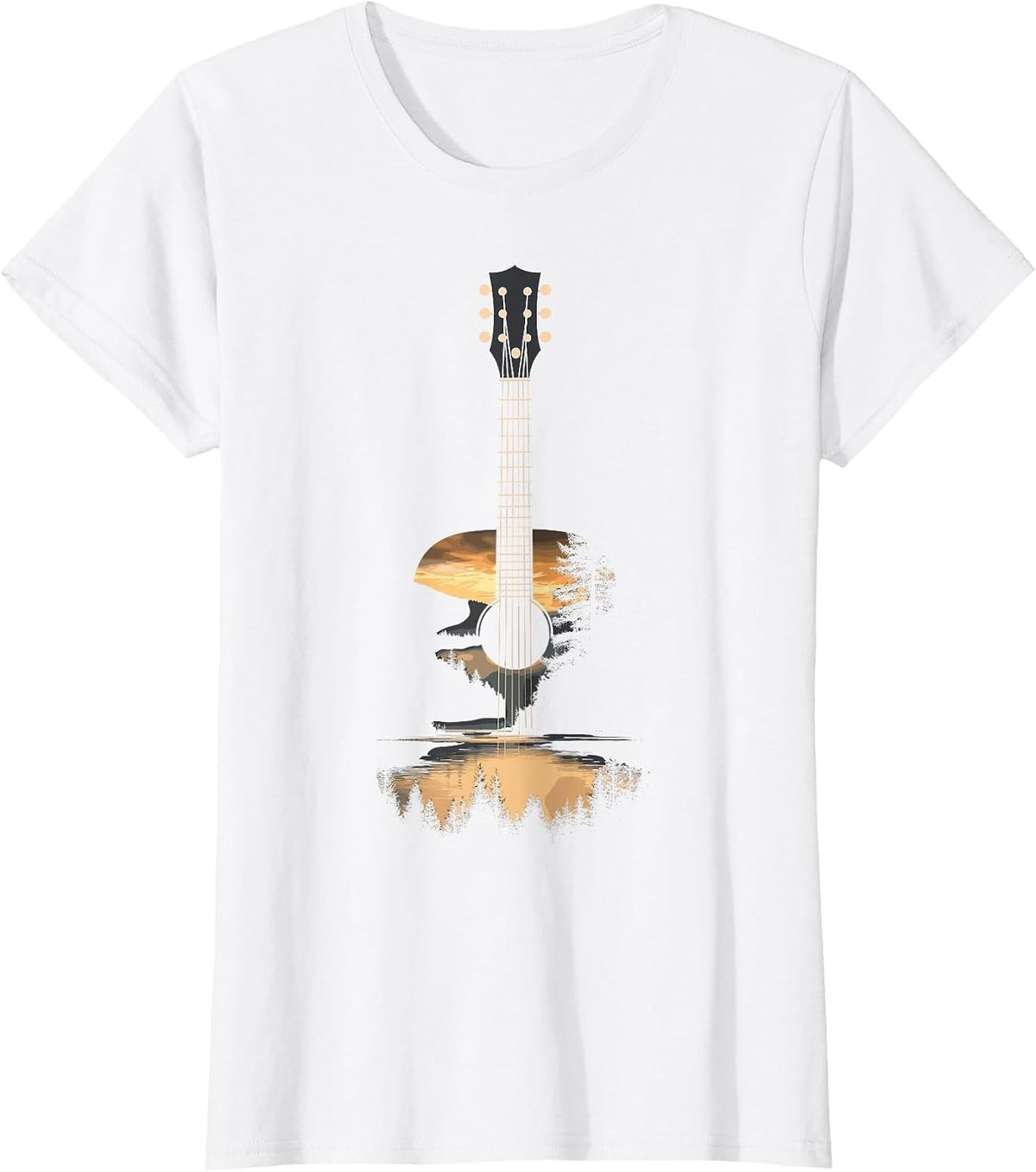 Sunset Acoustic Guitar Scenic Nature Art T-Shirt - White