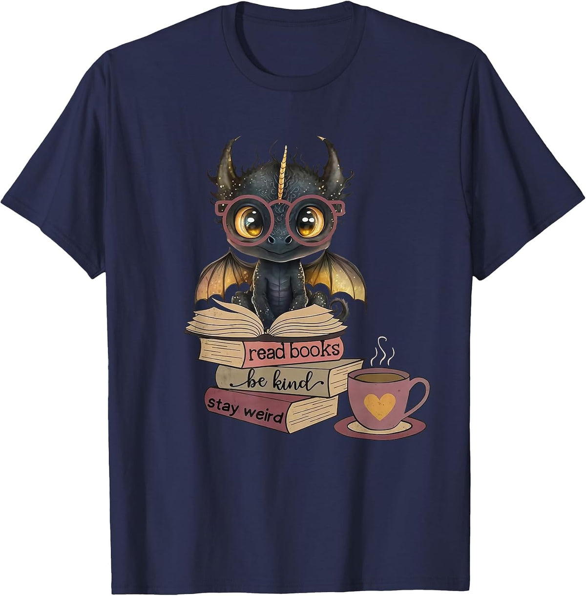 Funny Dragon Read Books Be Kind Stay Weird Book Lover T-Shirt - Navy Blue