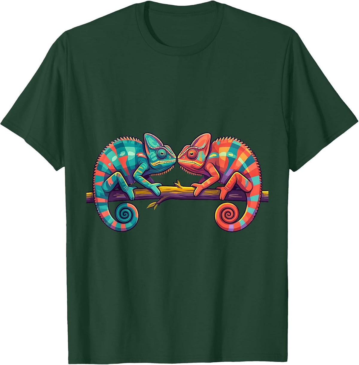 Twin Day Chameleons on Branch Matching Design T-Shirt - Dark Green