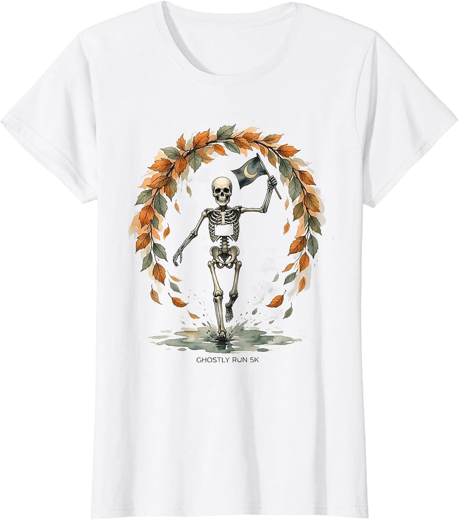 Women's Ghostly Run 5K Watercolor Skeleton Runner Halloween Fun Run T-Shirt - White
