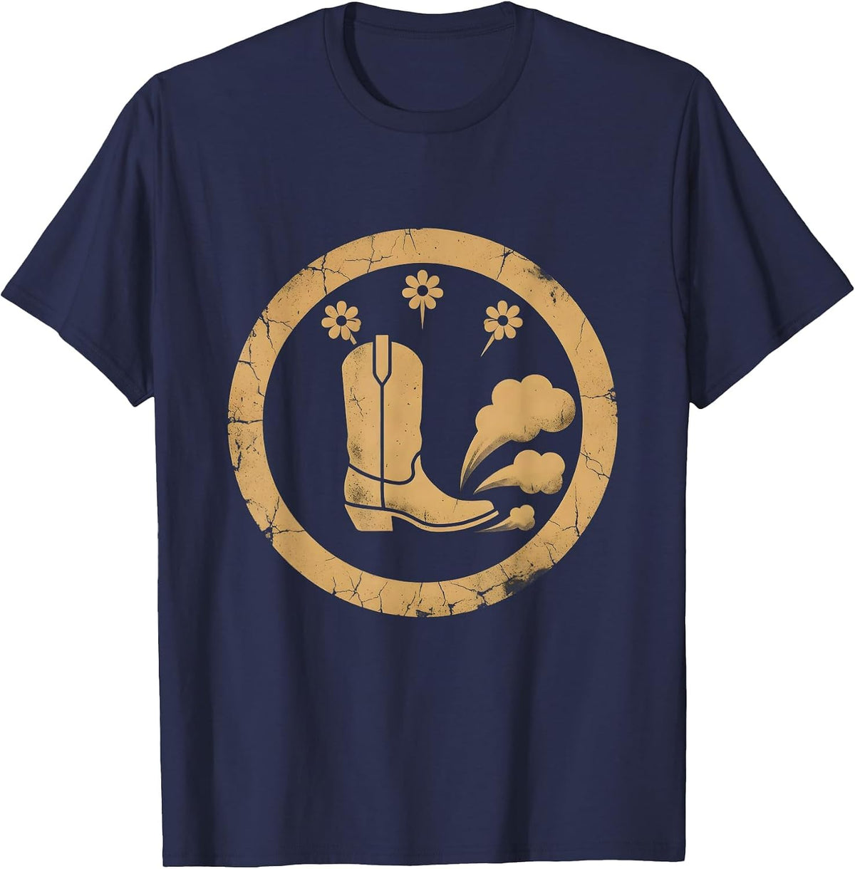 Cowgirl Boot Kicking Up Desert Dust Graphic T-Shirt - Navy Blue