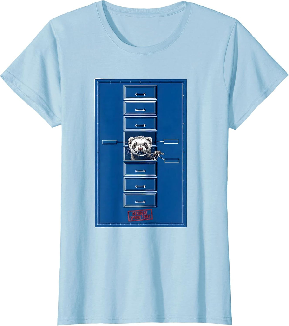 Resident Spoon Thief Technical Blueprint Ferret Lover Humor T-Shirt - Baby Blue