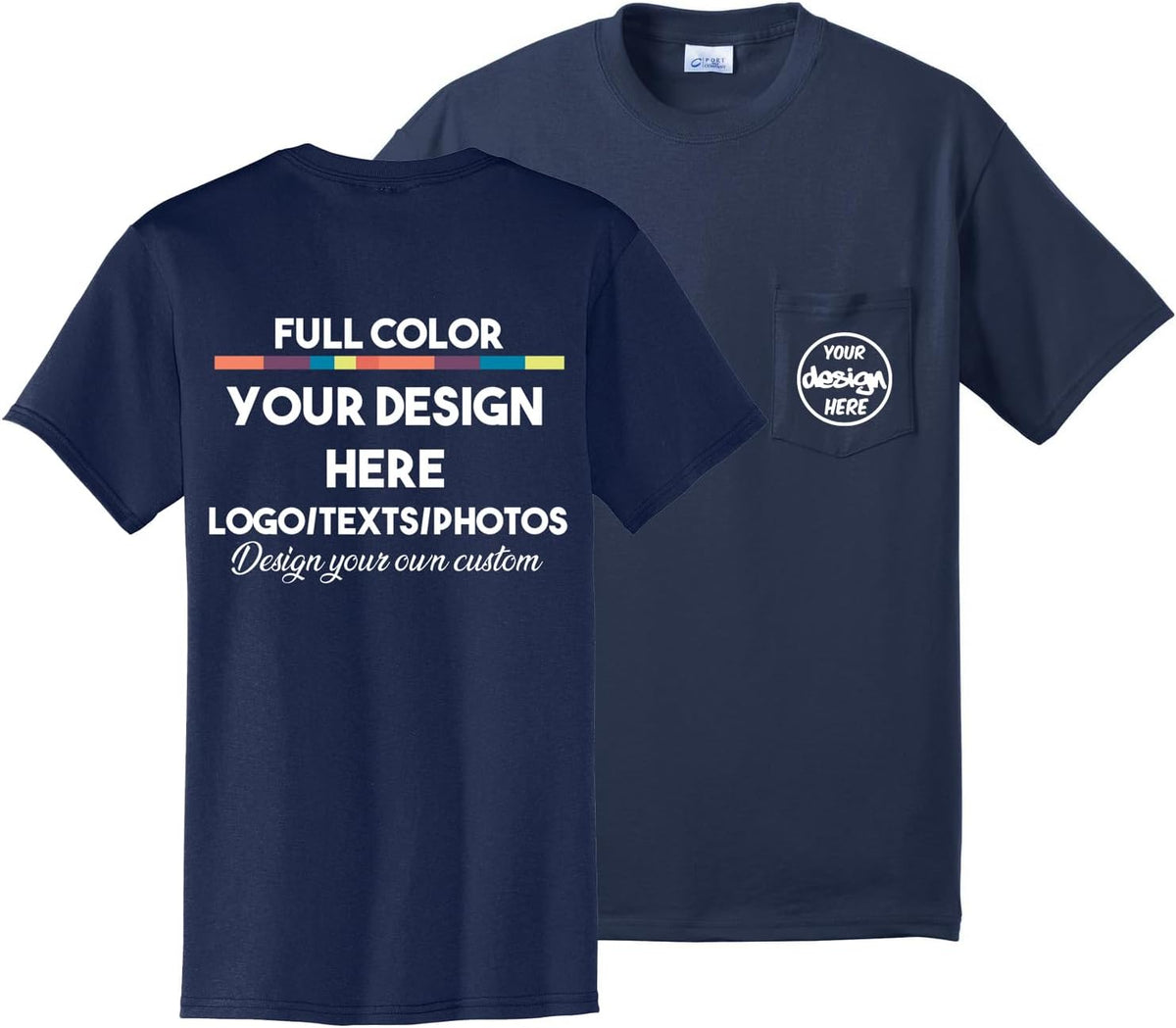 INK STITCH Unisex Pc55p Custom Printing Logo Texts Photo Front Back Pocket Cotton Tees - Navy