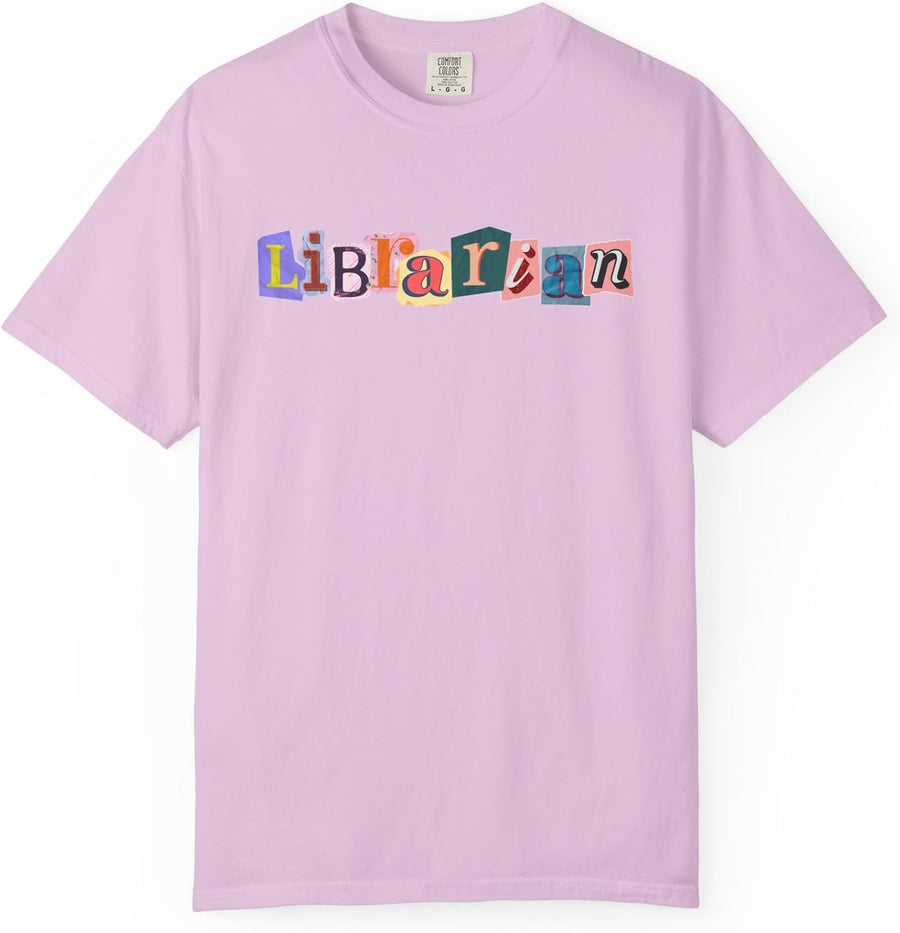 School Librarian T-Shirt, Scrapbook Style Tee - Orchid