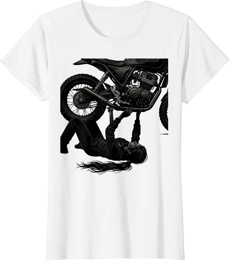 Women's Woman Mechanic Under Motorcycle Graphic Tee T-Shirt - White
