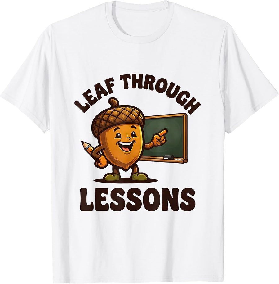 Men's Leaf Through Lessons Retro Teacher Fall Halloween Classroom T-Shirt - White