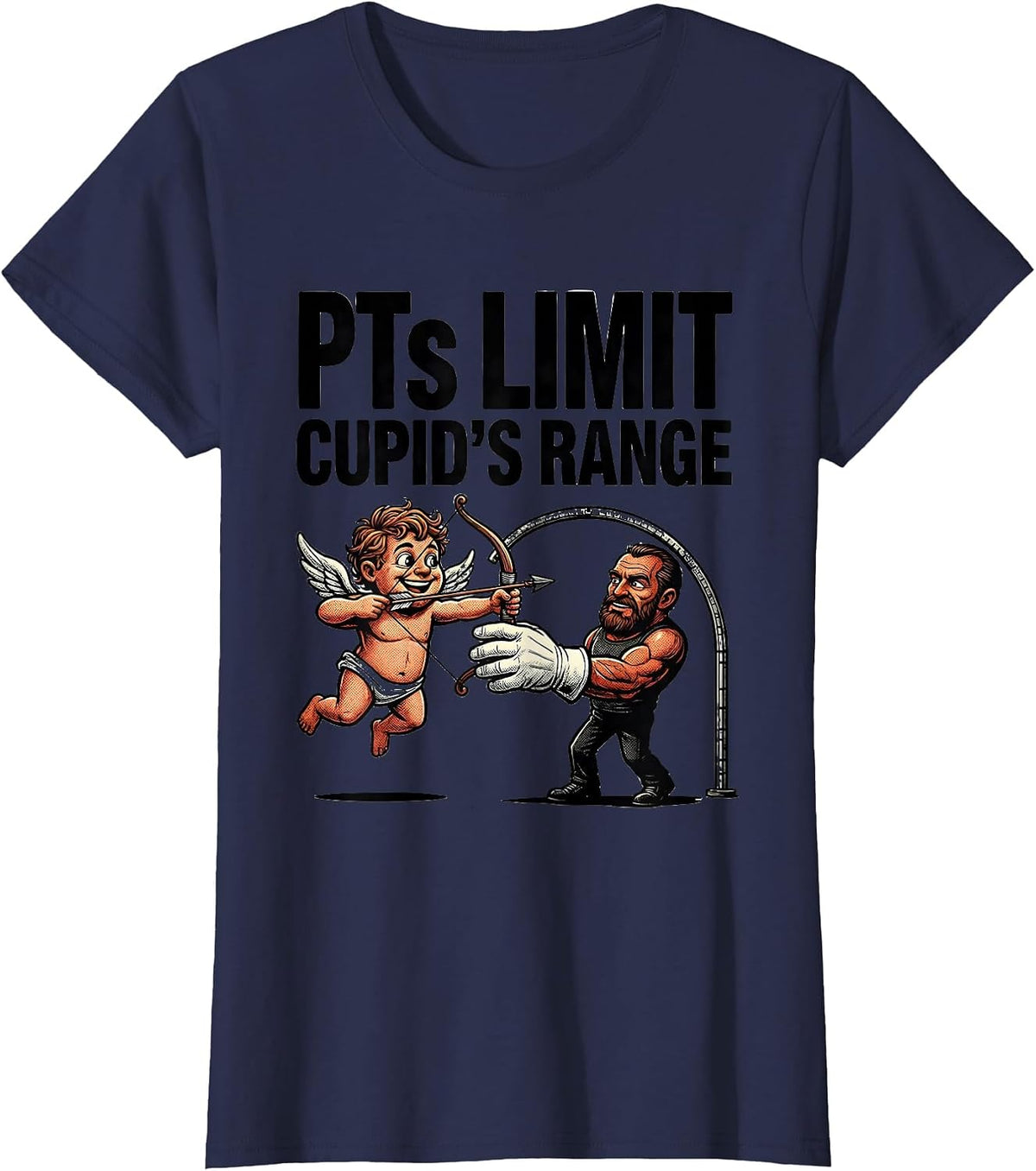 Women's PTs Limit Cupid's Range Retro Cartoon Physical Therapist T-Shirt - Navy Blue