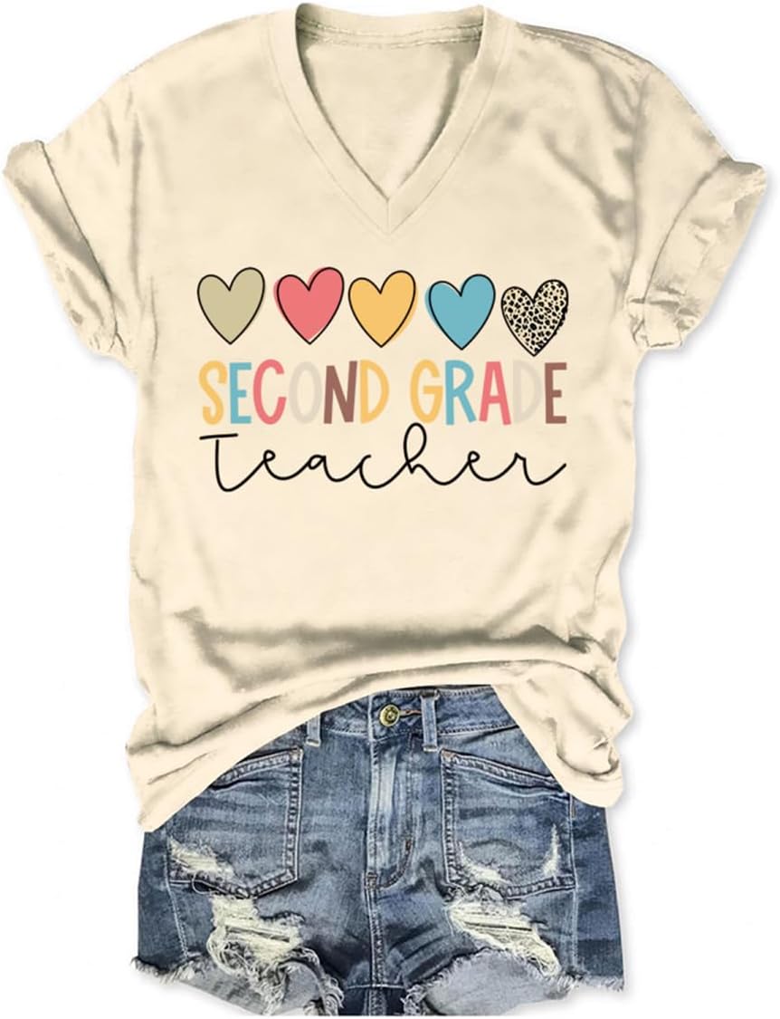 Second Grade Teacher Shirt Women 2nd Grade Teacher Tshirts Back to School T Shirt V Neck Short Sleeve T-Shirts - Beige