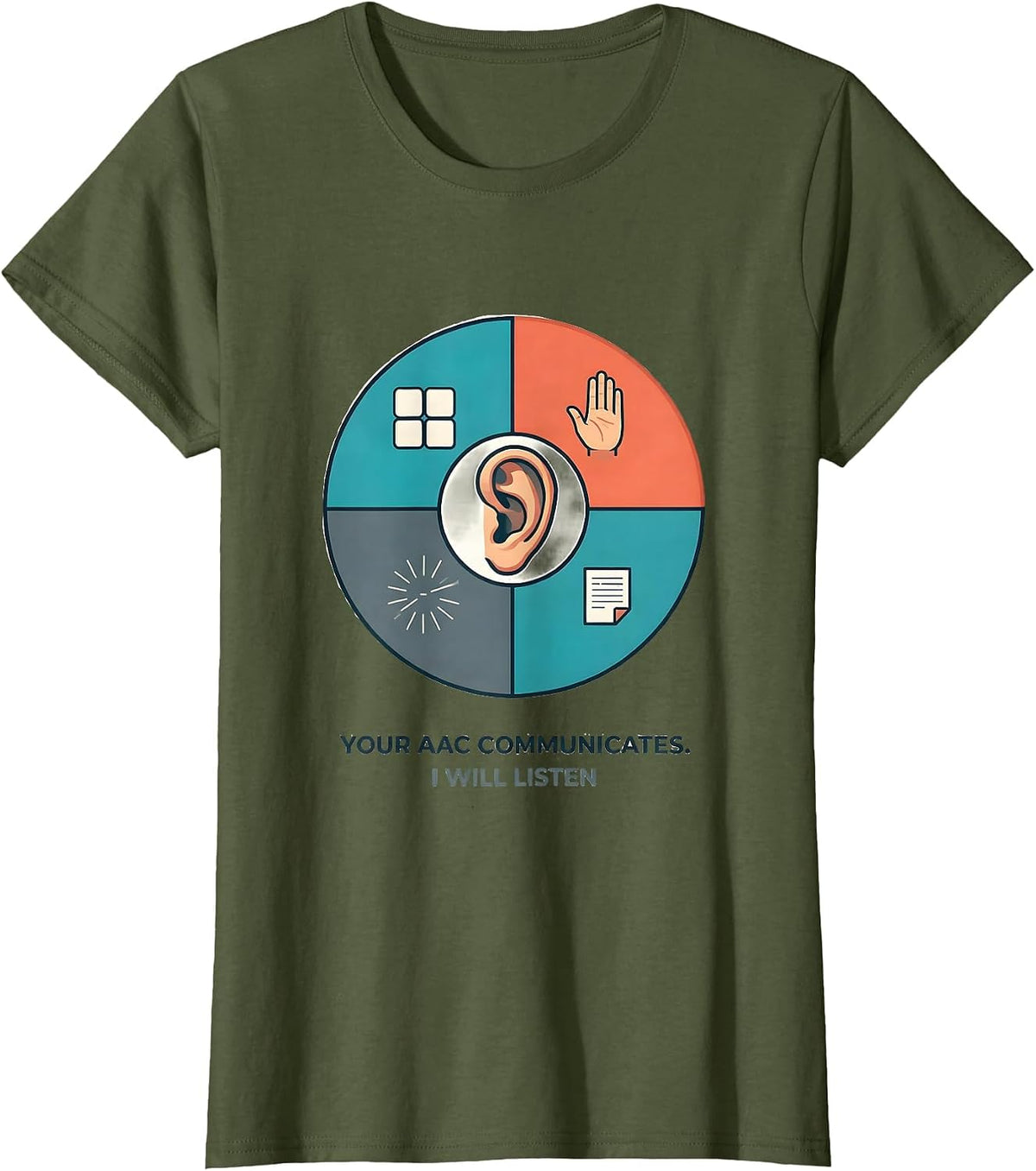 Women's Your AAC Communicates I Will Listen Funny SLP Speech Therapy T-Shirt - Olive Green