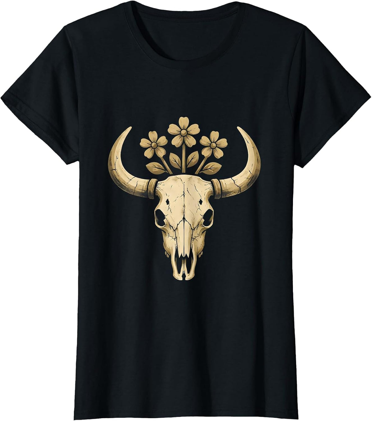 Cow Skull Wild Prairie Flowers 90s Country T-Shirt - Black