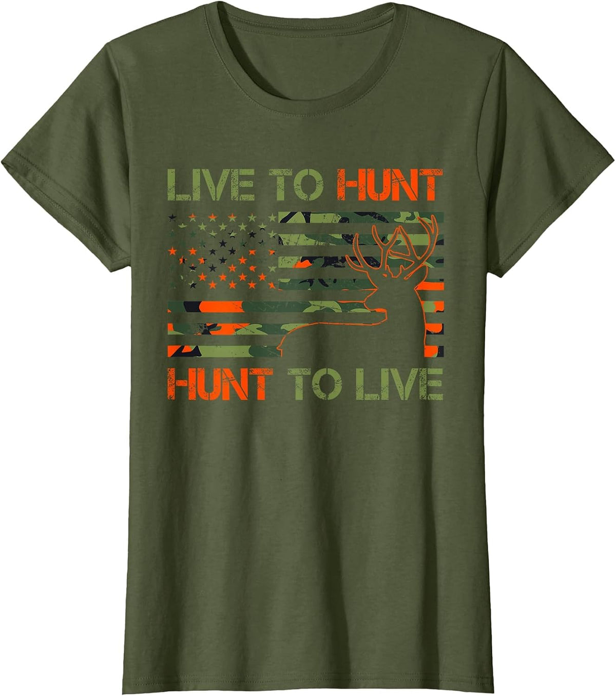 Live to Hunt Whitetail Buck Camo American Flag Deer Hunting T-Shirt - Olive Green