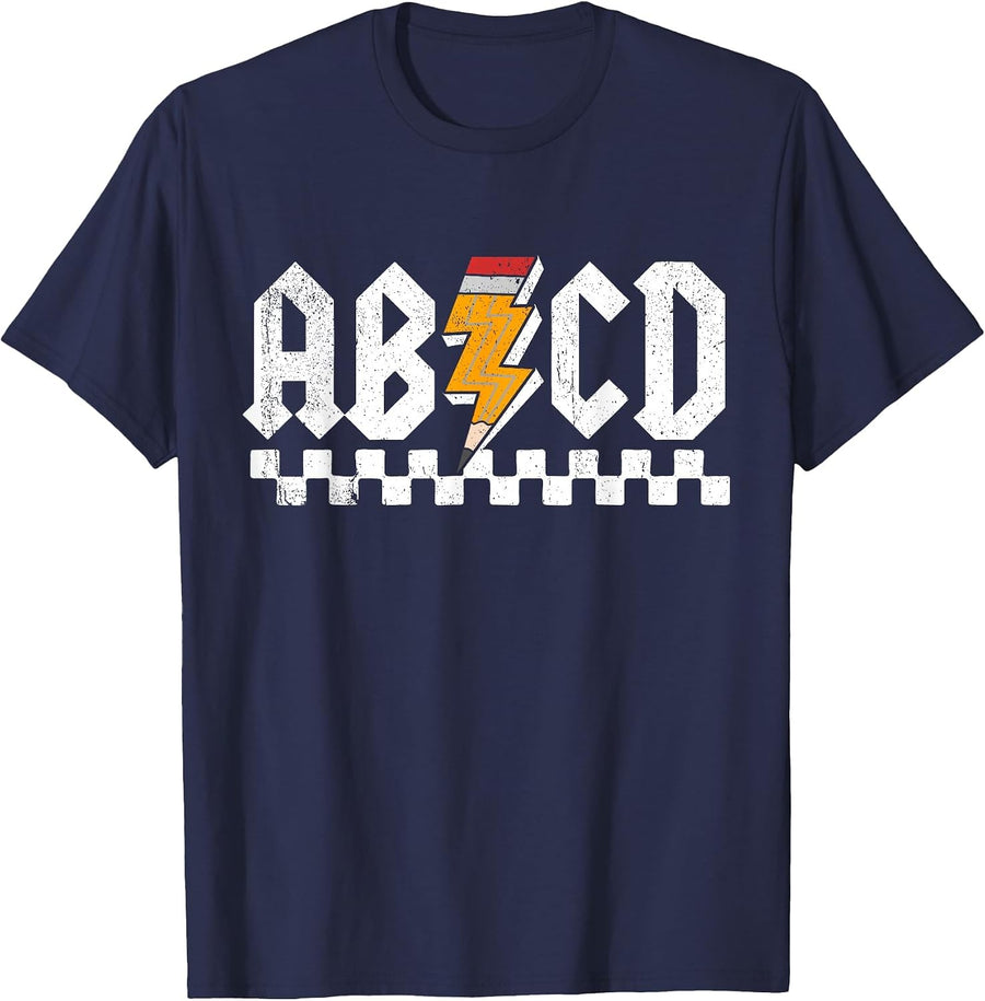 AB CD Lightning Checkered Pencil Leopard Testing Day Teacher T-Shirt - Navy Blue
