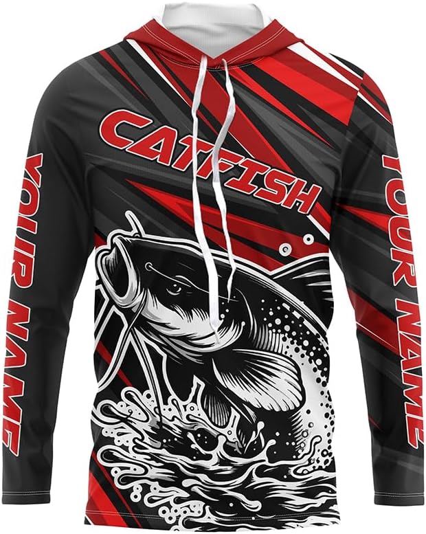Black and Red Catfish Fishing Jerseys, Custom Catfish Fishing Long Sleeve Fishing Shirts - Long Sleeves Hooded Upf
