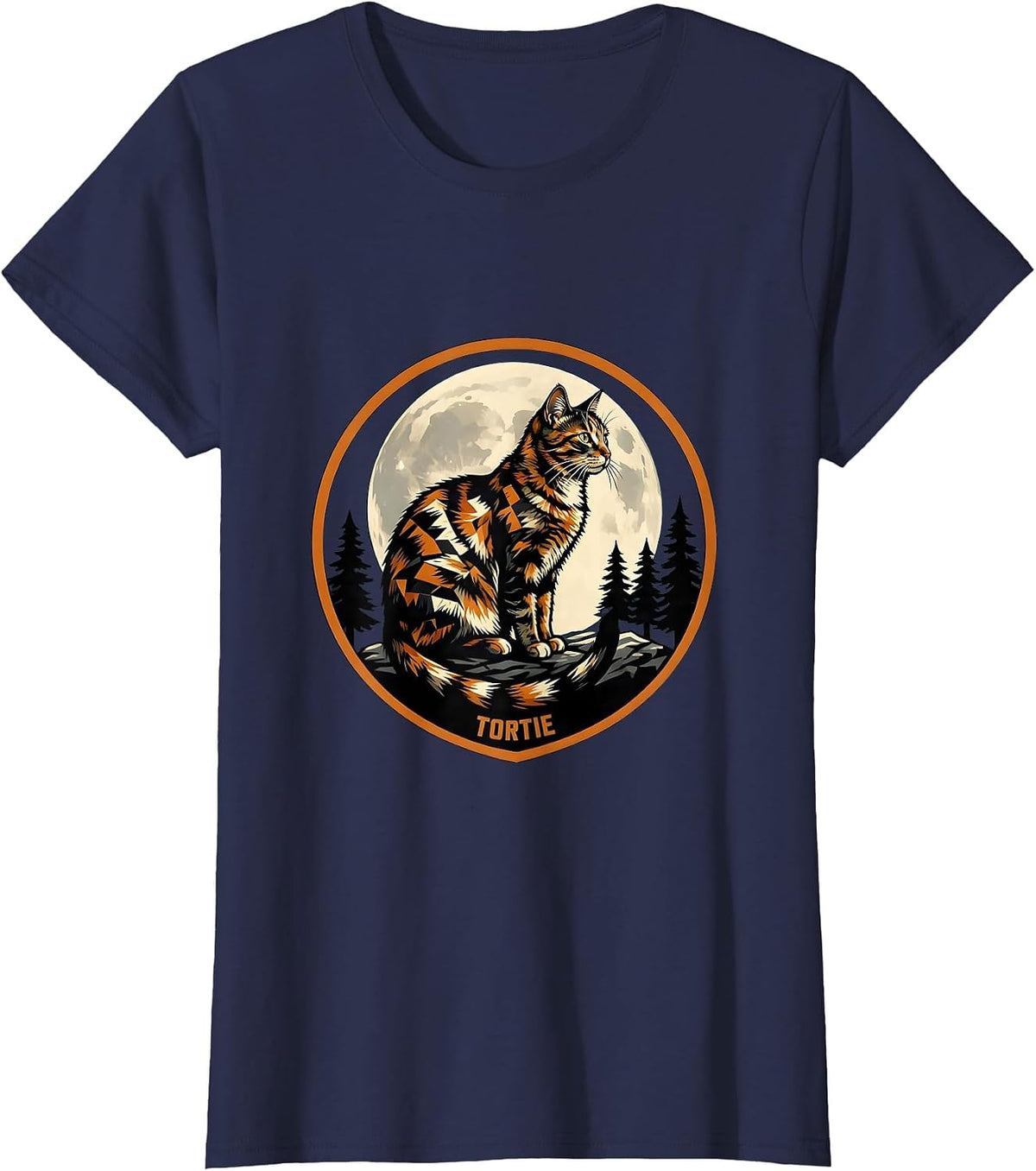 Women's Tortie 90s Retro Moonlit Cat Breed Portrait Vintage T-Shirt - Navy Blue