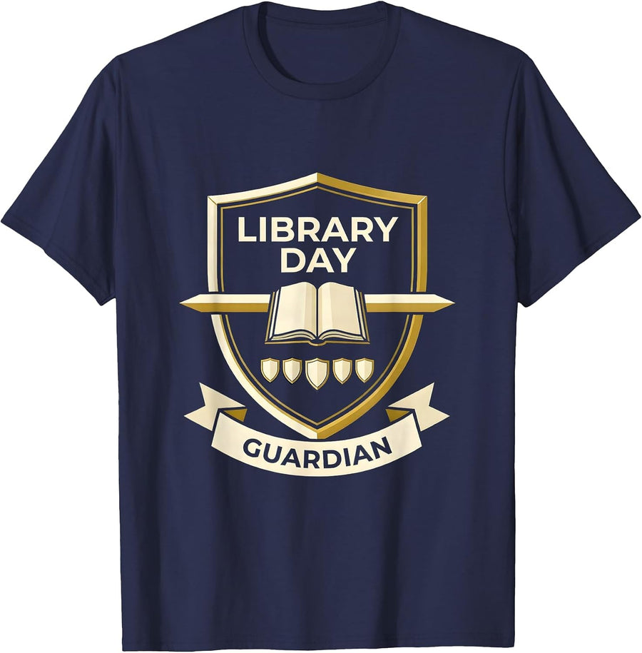 Library Day Guardian Emblem Book Lover School Librarian T-Shirt - Navy Blue