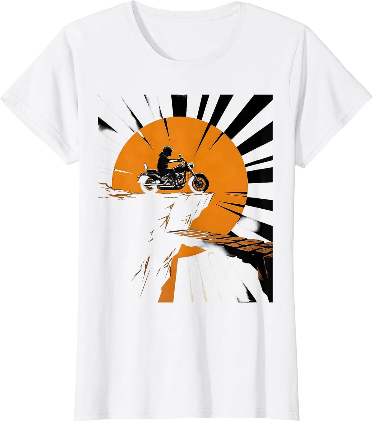 Motorcycle Cliff Edge Sunset Silhouette Design T-Shirt - White