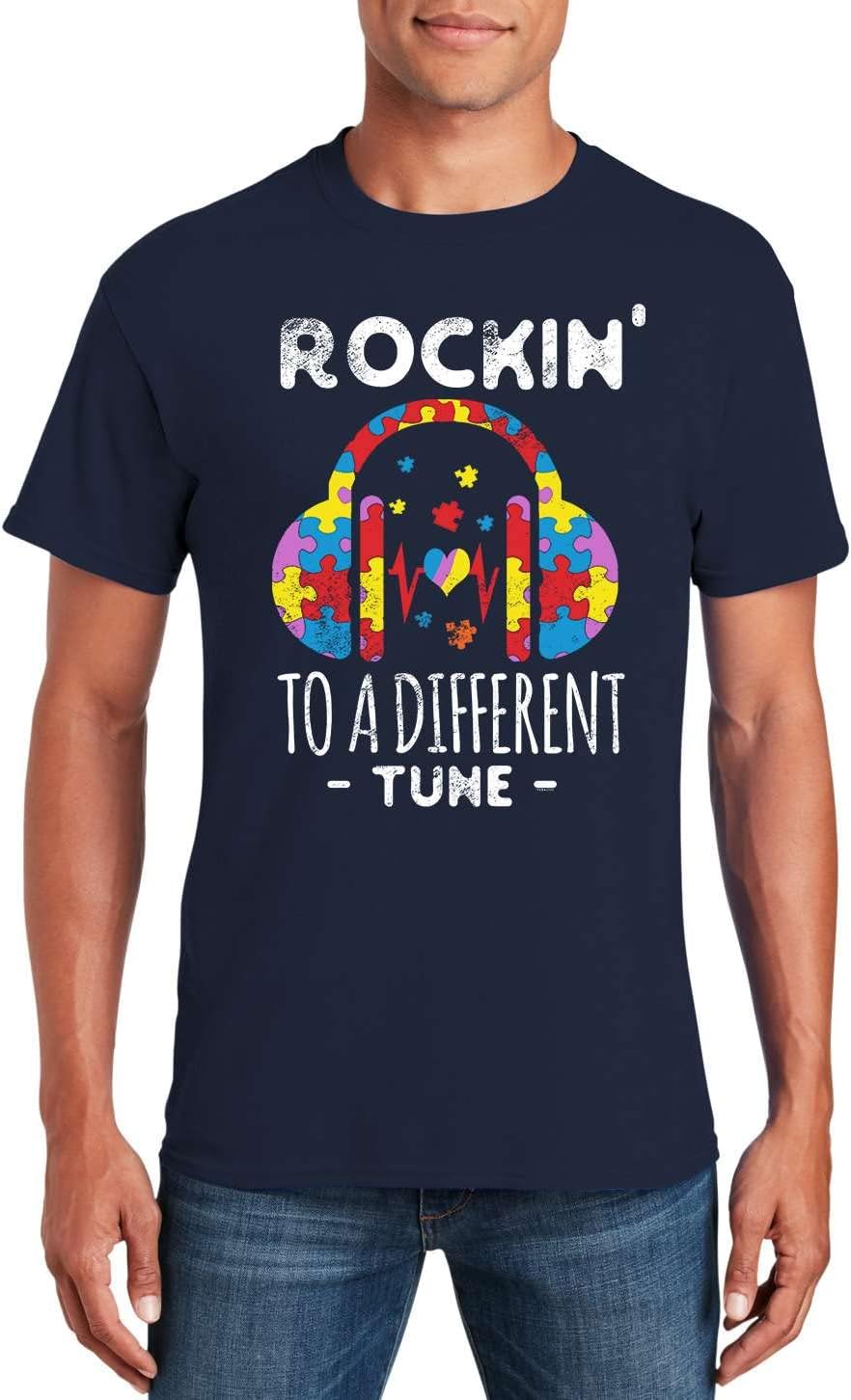 Veracco Autism Awareness Shirt Rocking to A Different Tune T Shirt Autism Dad Gift Neurodiversity Support Tee for Men - Navy