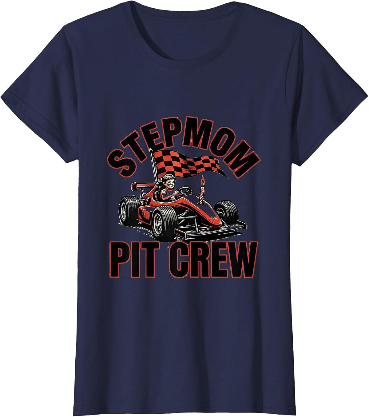 Women's Stepmom Pit Crew Race Car Birthday Party Family Matching T-Shirt - Navy Blue