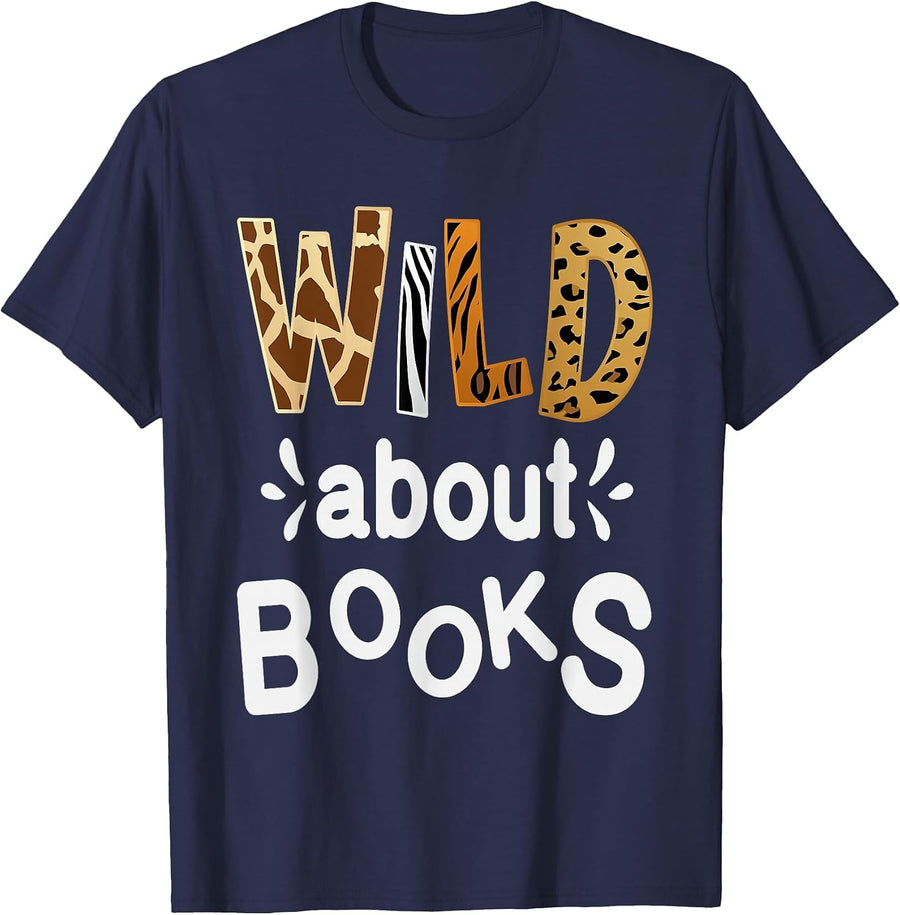 Wild About Books, Library Librarians Book Lover and Reader T-Shirt - Navy Blue