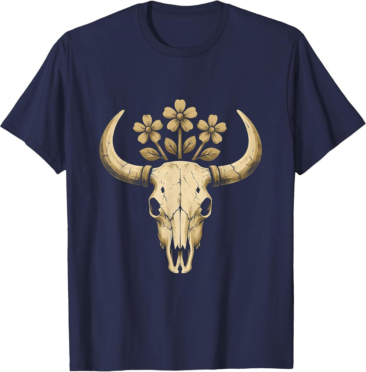 Cow Skull Wild Prairie Flowers 90s Country T-Shirt - Navy Blue