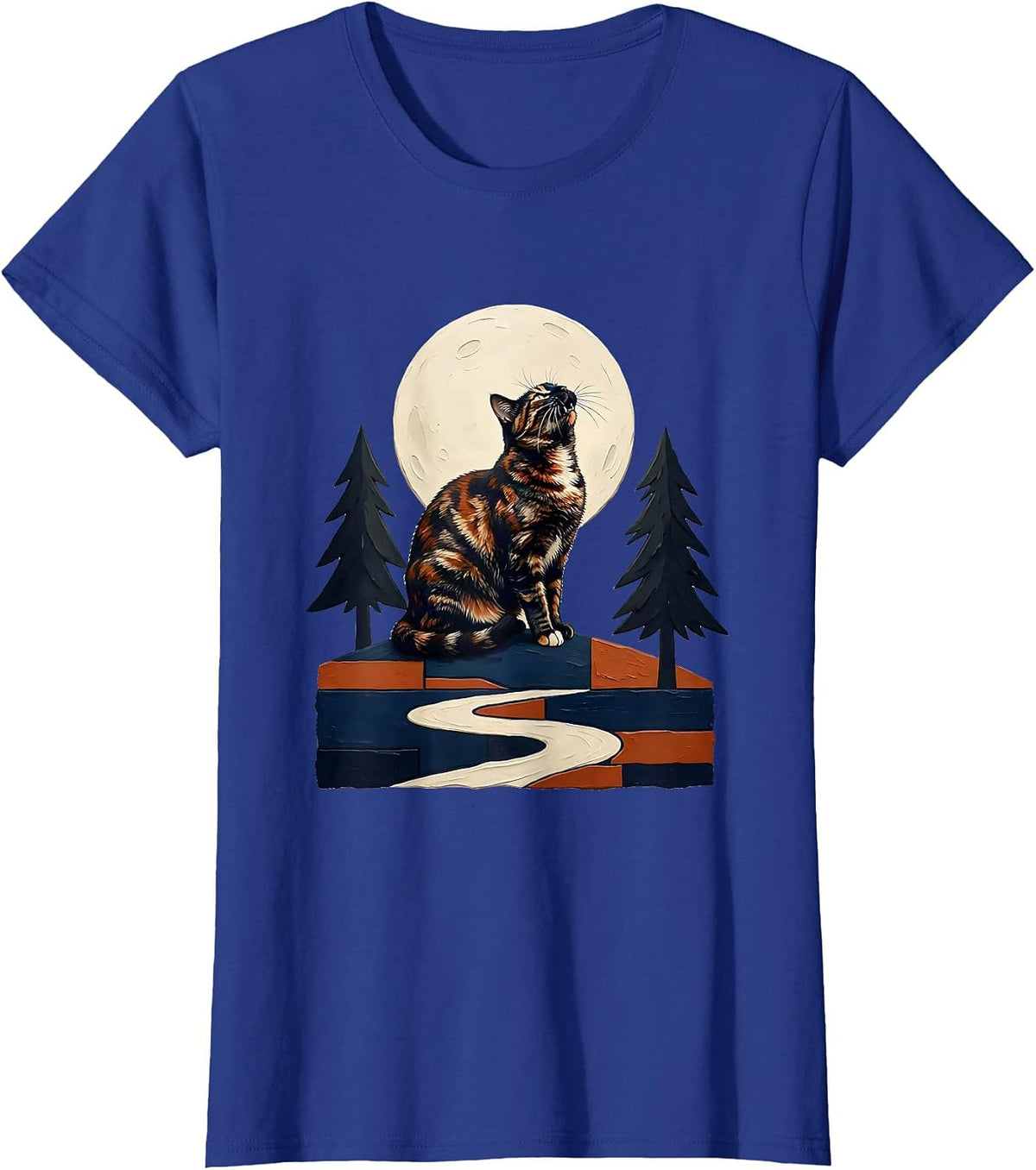 Women's Tortoiseshell Cat Howling at Moon Storybook Fantasy T-Shirt - Royal Blue