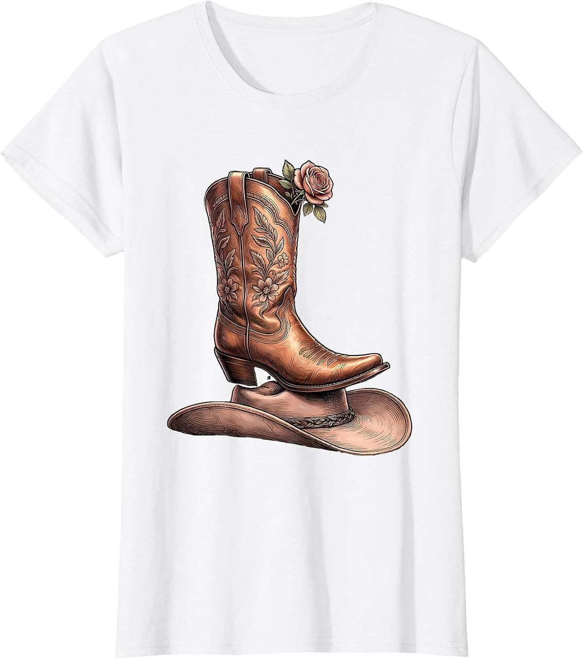 Women's Cowgirl Boots on Cowboy Hat Bold Western Design T-Shirt - White