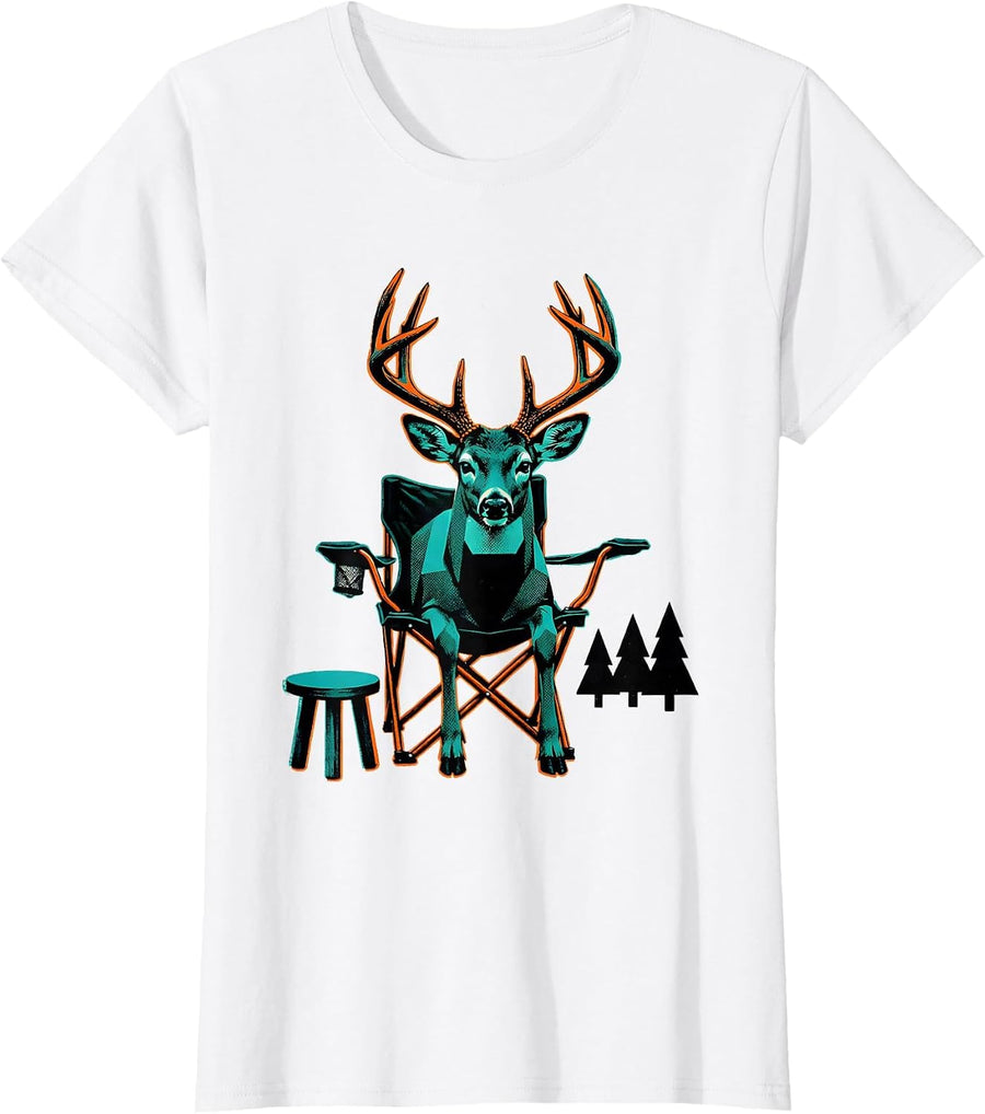 Women's Antlered Buck Hunting Chair Deer Hunter Dad Humor T-Shirt - White