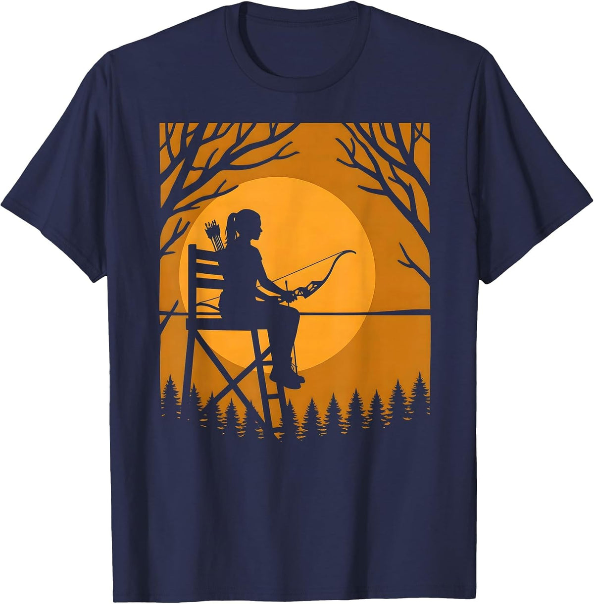 Camo Deer Stand Sunrise Hunting Graphic T-Shirt - Navy Blue