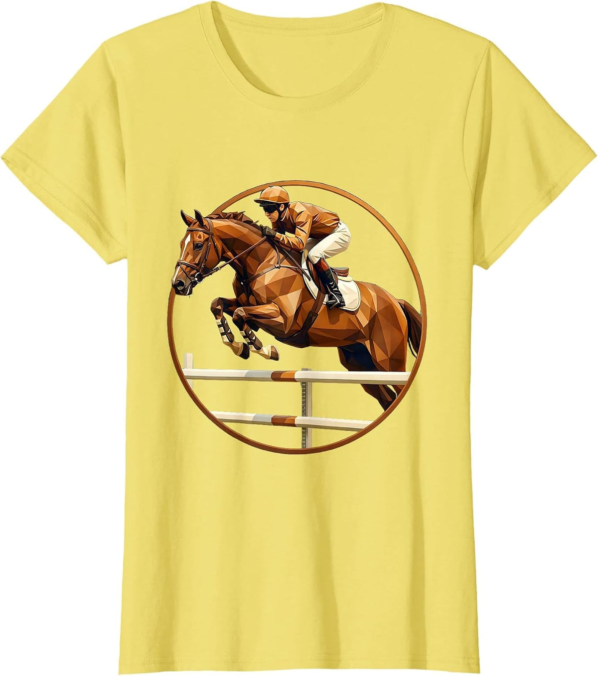 Jockey and Horse Mid-Jump Over Fence Graphic T-Shirt - Lemon Yellow