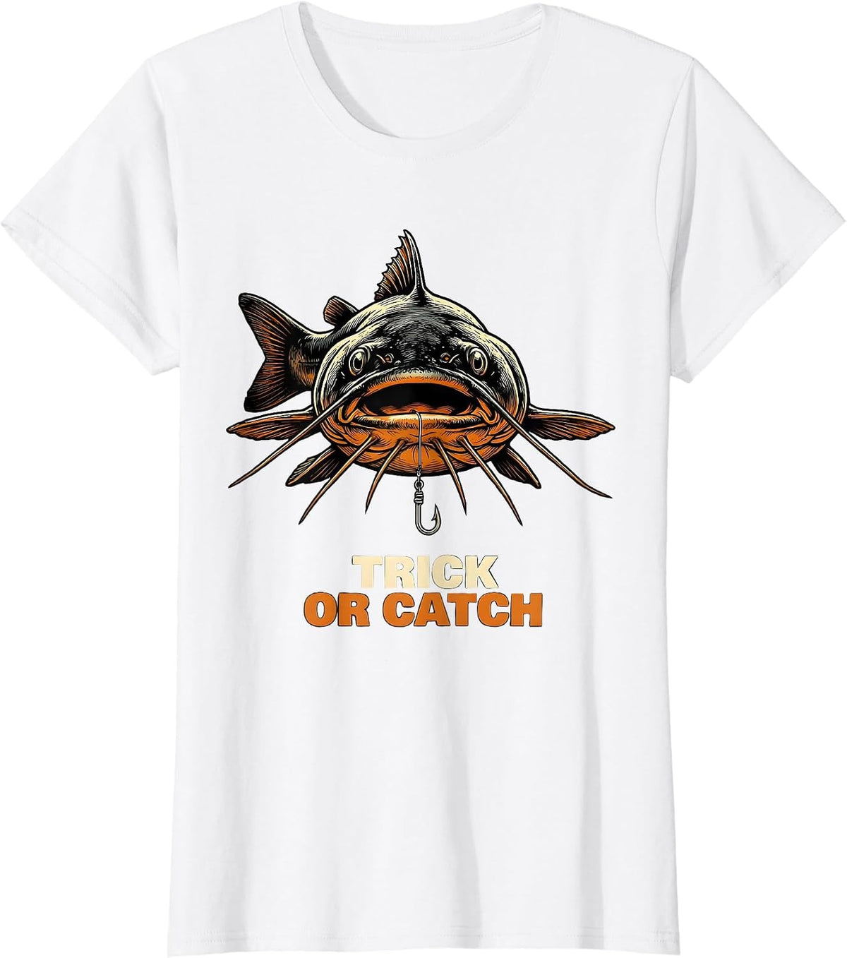 Women's Trick Or Catch Oversized Bullhead Catfish Funny Halloween T-Shirt - White