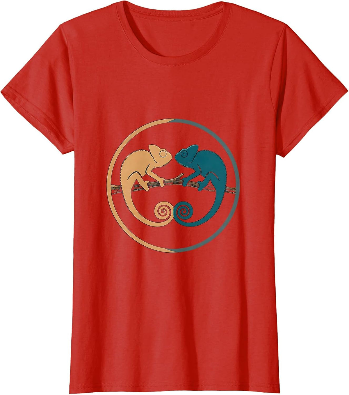 Women's Twin Day Matching Chameleons on a Branch T-Shirt - Red