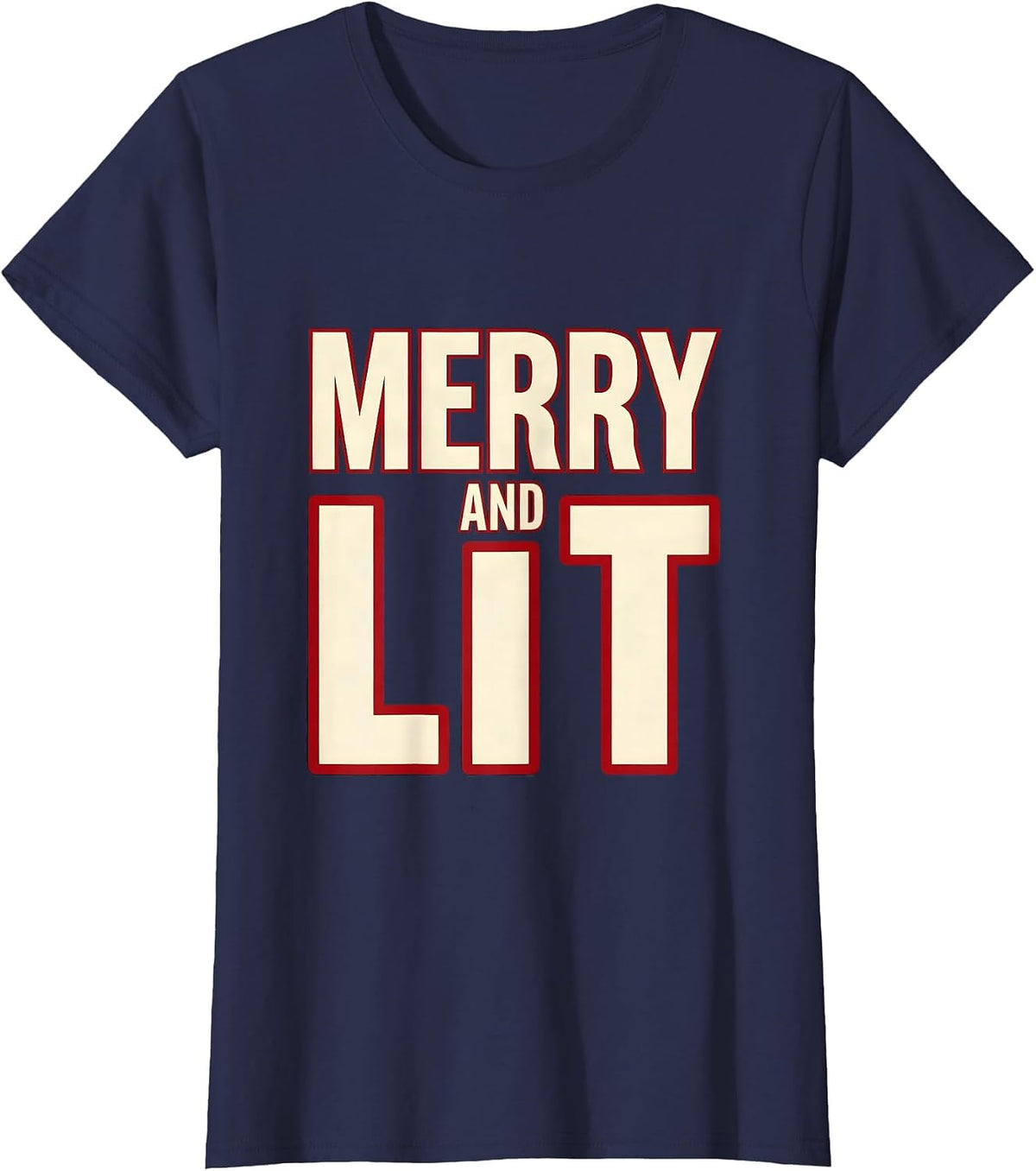 Women's Merry And Lit Funny Christmas Party Drinking Humor T-Shirt - Navy Blue