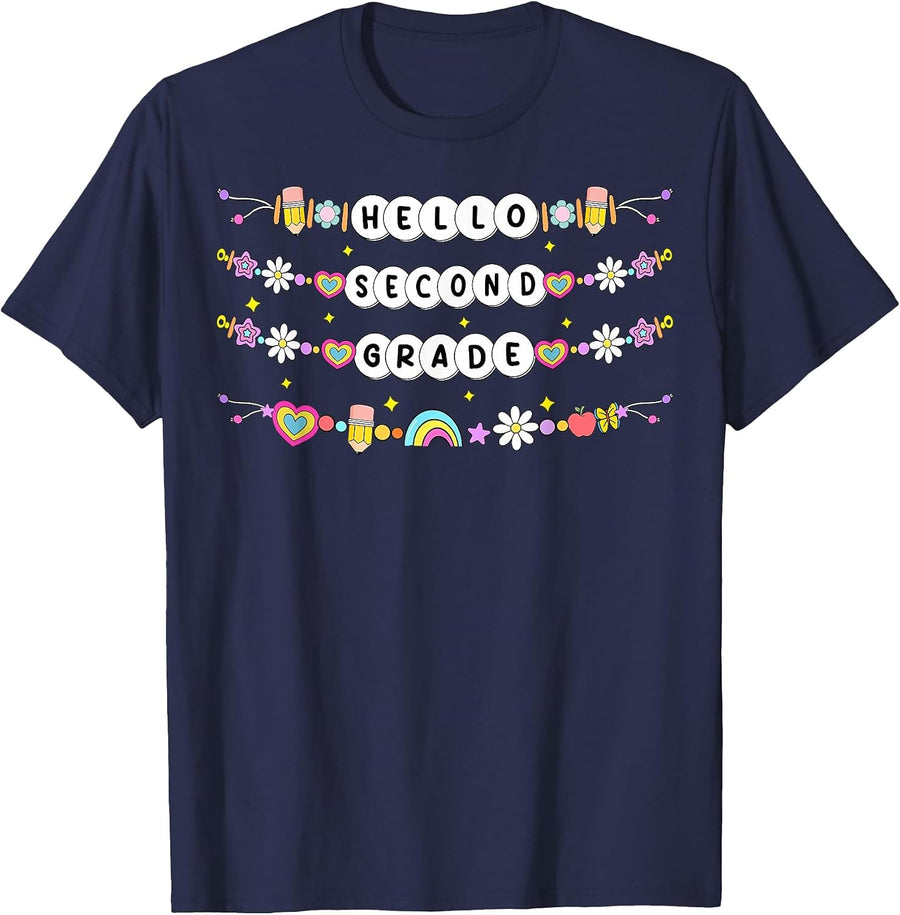 Hello Second Grade Friendship Bracelets Back to School Kids T-Shirt - Navy Blue