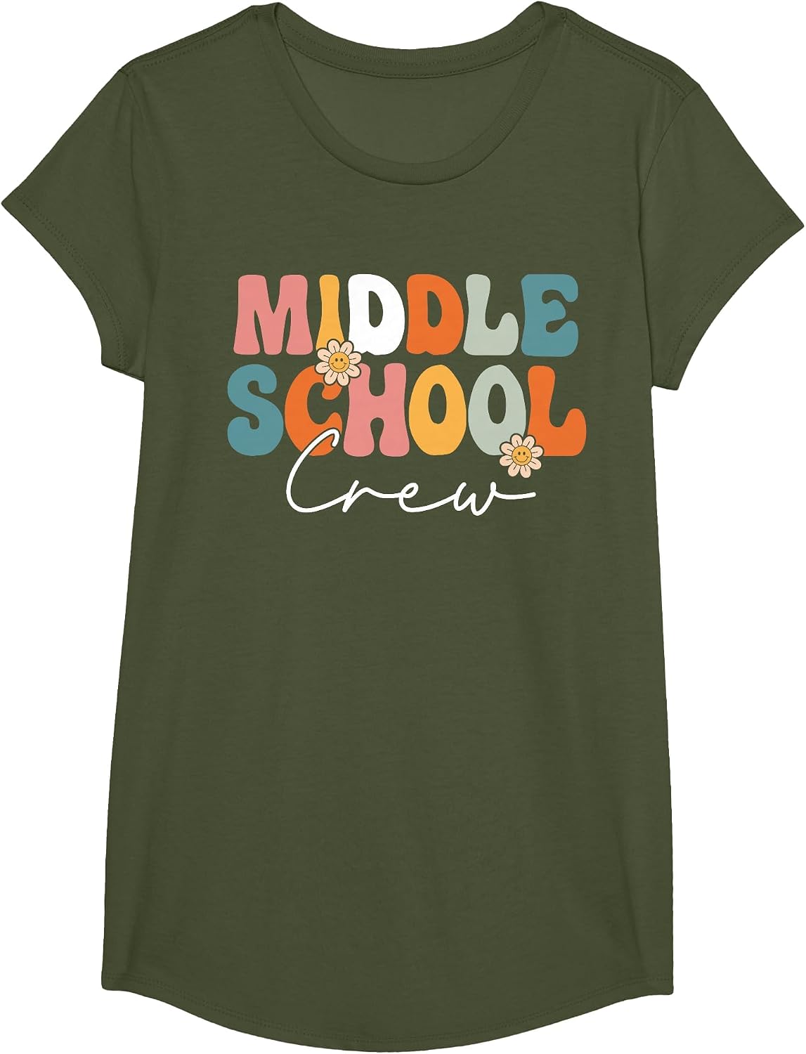 Middle School Crew Team Retro Groovy Vintage Back to School T-Shirt - Girls Olive Green