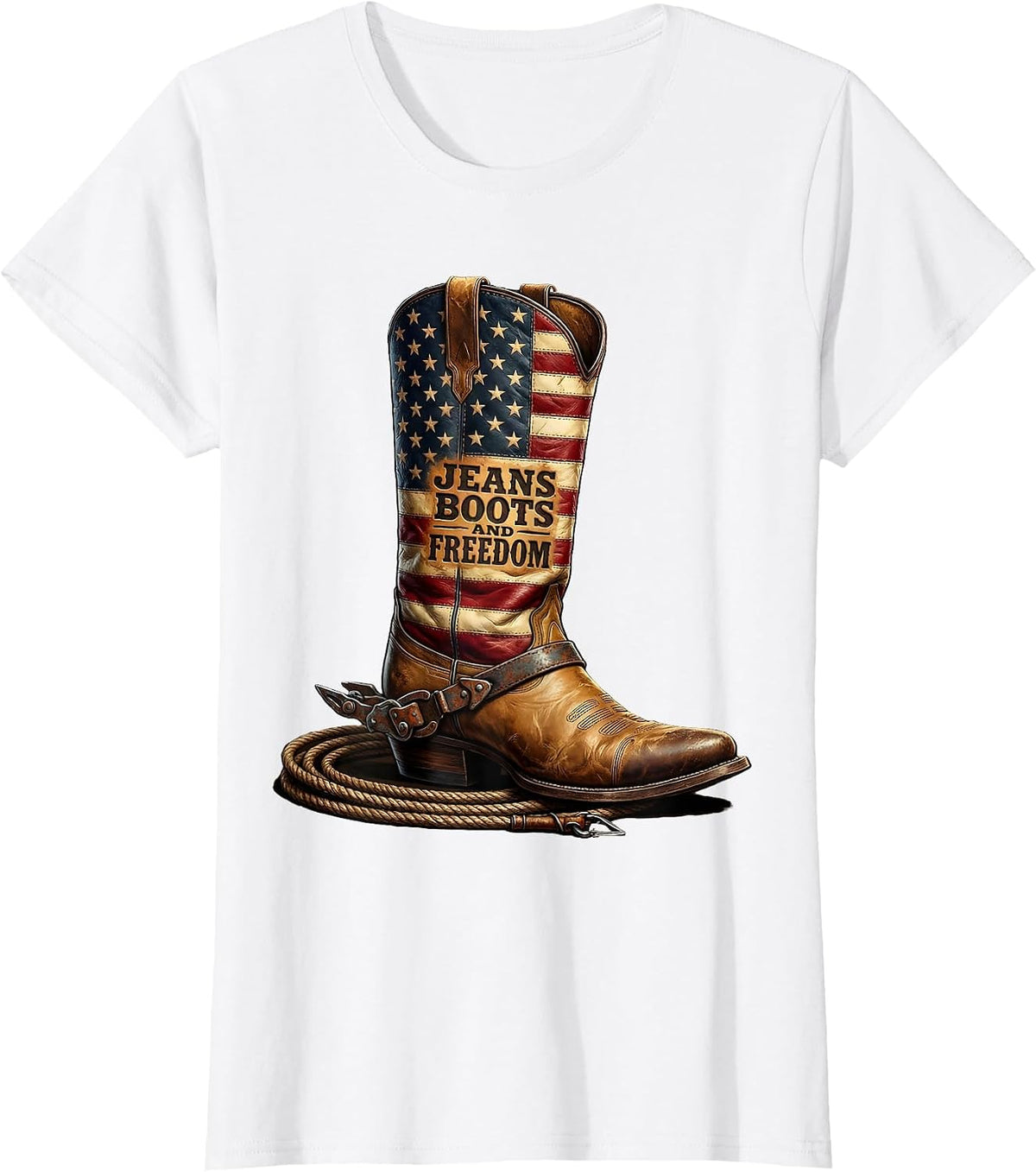 Women's Jeans Boots and Freedom Denim Cowgirl Design T-Shirt - White