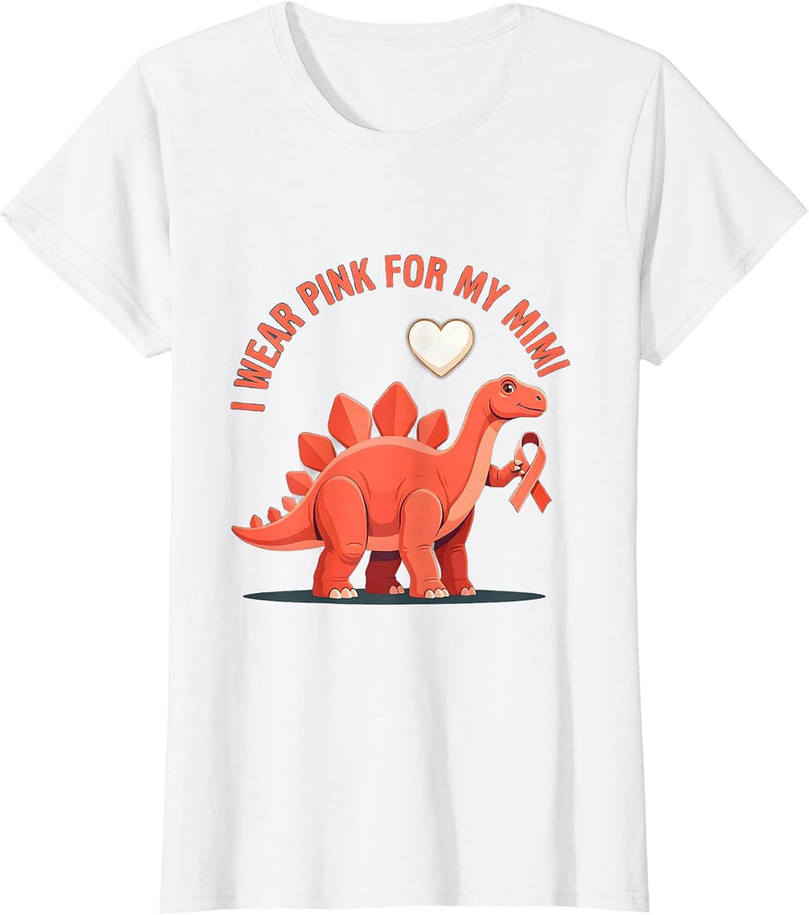 Women's I Wear Pink For My Mimi Flat Vector Dinosaur Family Tribute T-Shirt - White