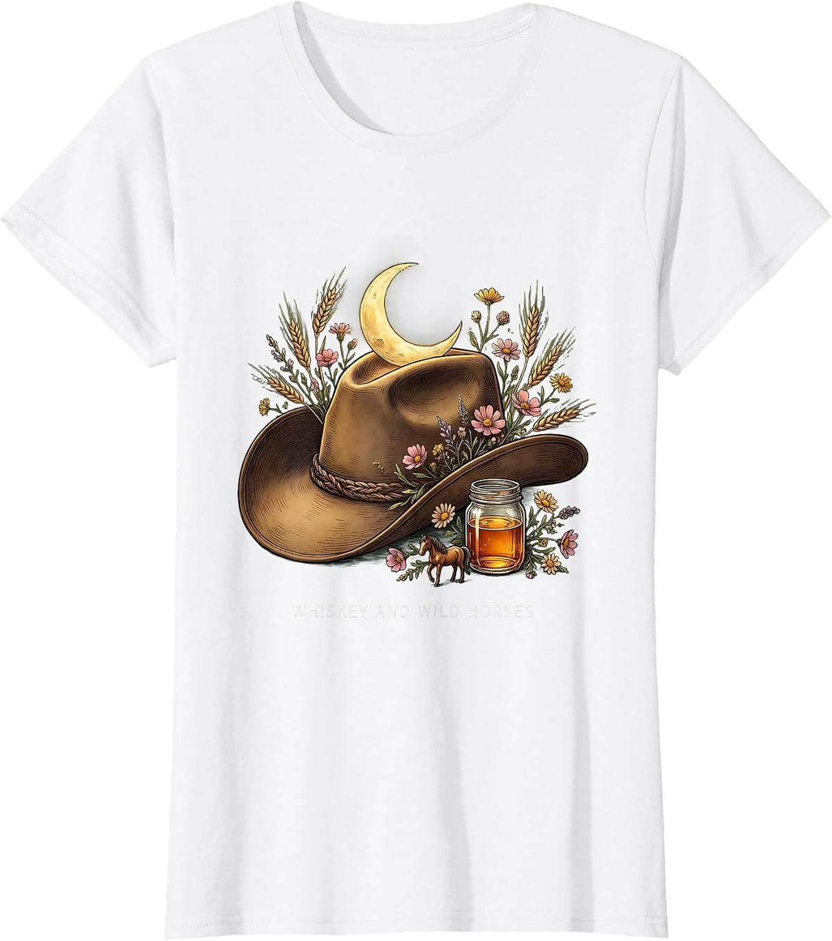 Women's Whiskey and Wild Horses Cowgirl Design T-Shirt - White