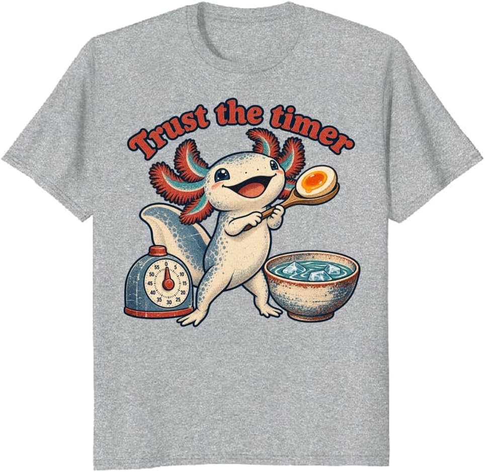 Axolotl Cooking T-Shirt Vintage Ramen Egg Timer Graphic Tee - S6