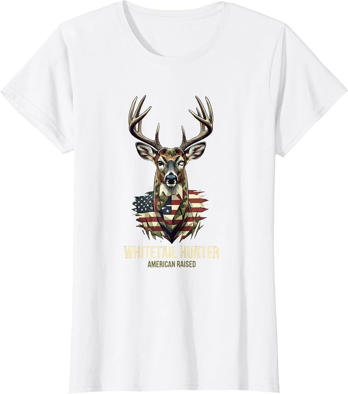 Whitetail Hunter, American Raised Patriotic Camo Deer Hunter T-Shirt - White
