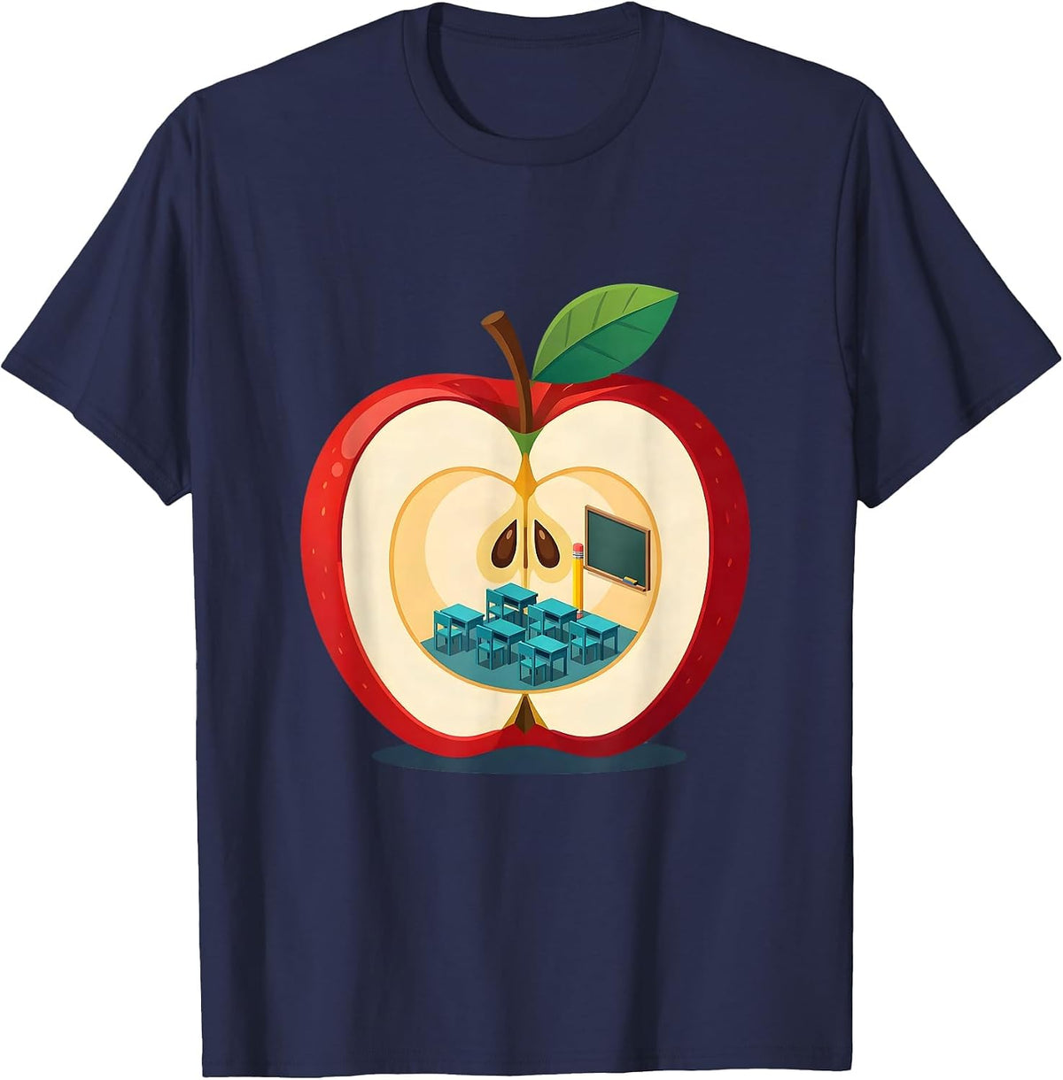 Men's 2nd Grade Teacher Apple Classroom Illustration T-Shirt - Navy Blue