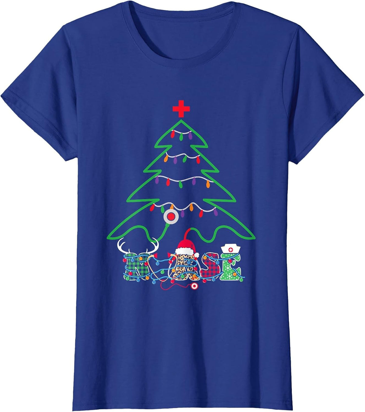 Stethoscope Christmas Tree Nurse Christmas Scrub Top Xmas T-Shirt - Royal Blue
