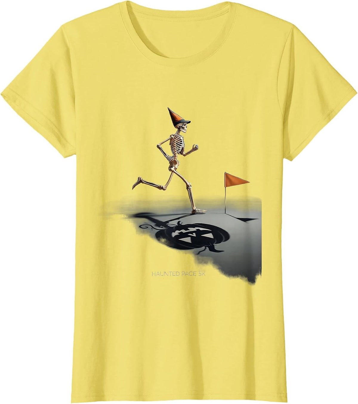 Haunted Pace 5K Minimalist Skeleton Runner Halloween Fun Run T-Shirt - Lemon Yellow