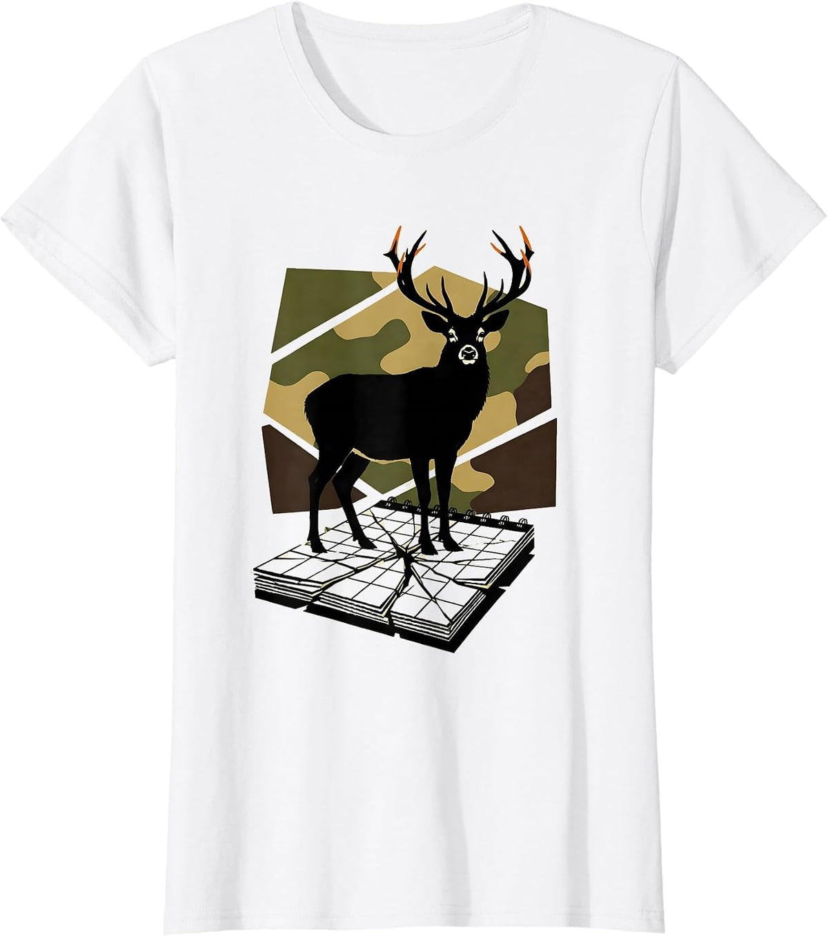 Buck Silhouette Camo Deer Hunting Humor Gift T-Shirt - White