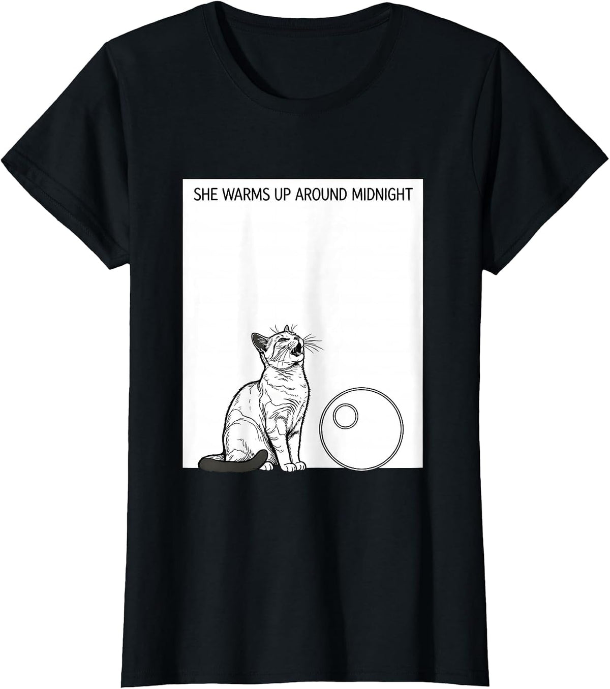She Warms Up Around Midnight Line Art Cat Howling at Moon T-Shirt - Black