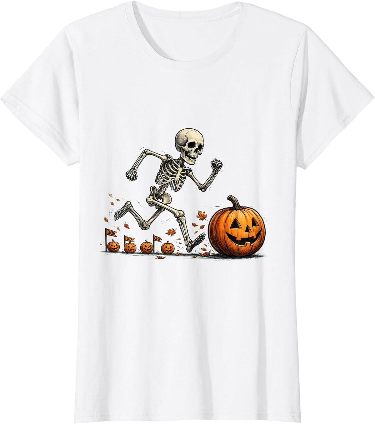 Women's Cheerful Skeleton Runner Halloween 5K Race Fun T-Shirt - White