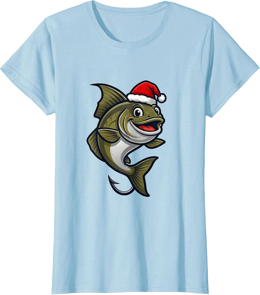Women's Cheerful Catfish Mascot Christmas Fishing Holiday Humor T-Shirt - Baby Blue