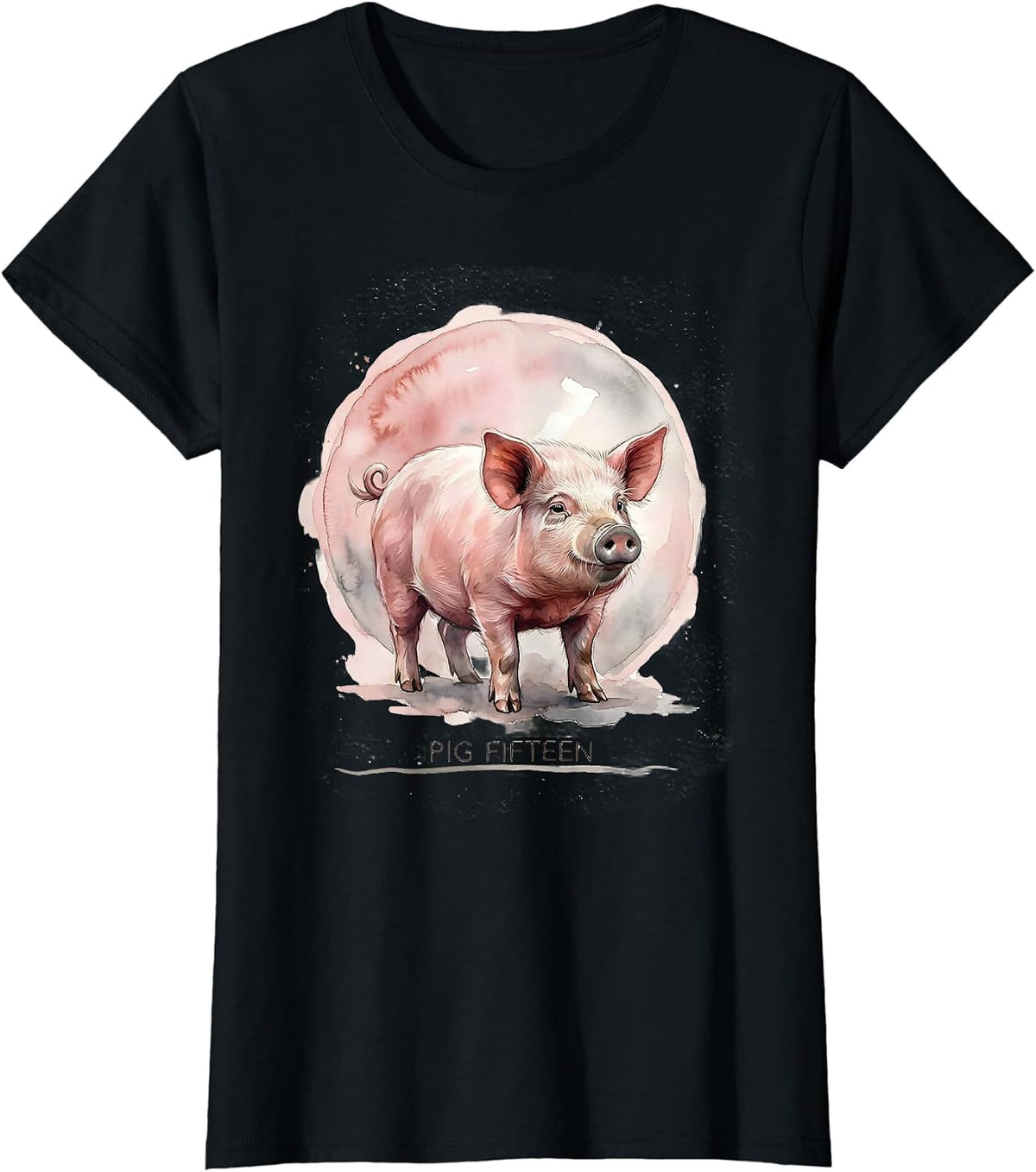 Women's Pig Fifteen Watercolor Pig Lover Novelty Humor T-Shirt - Black