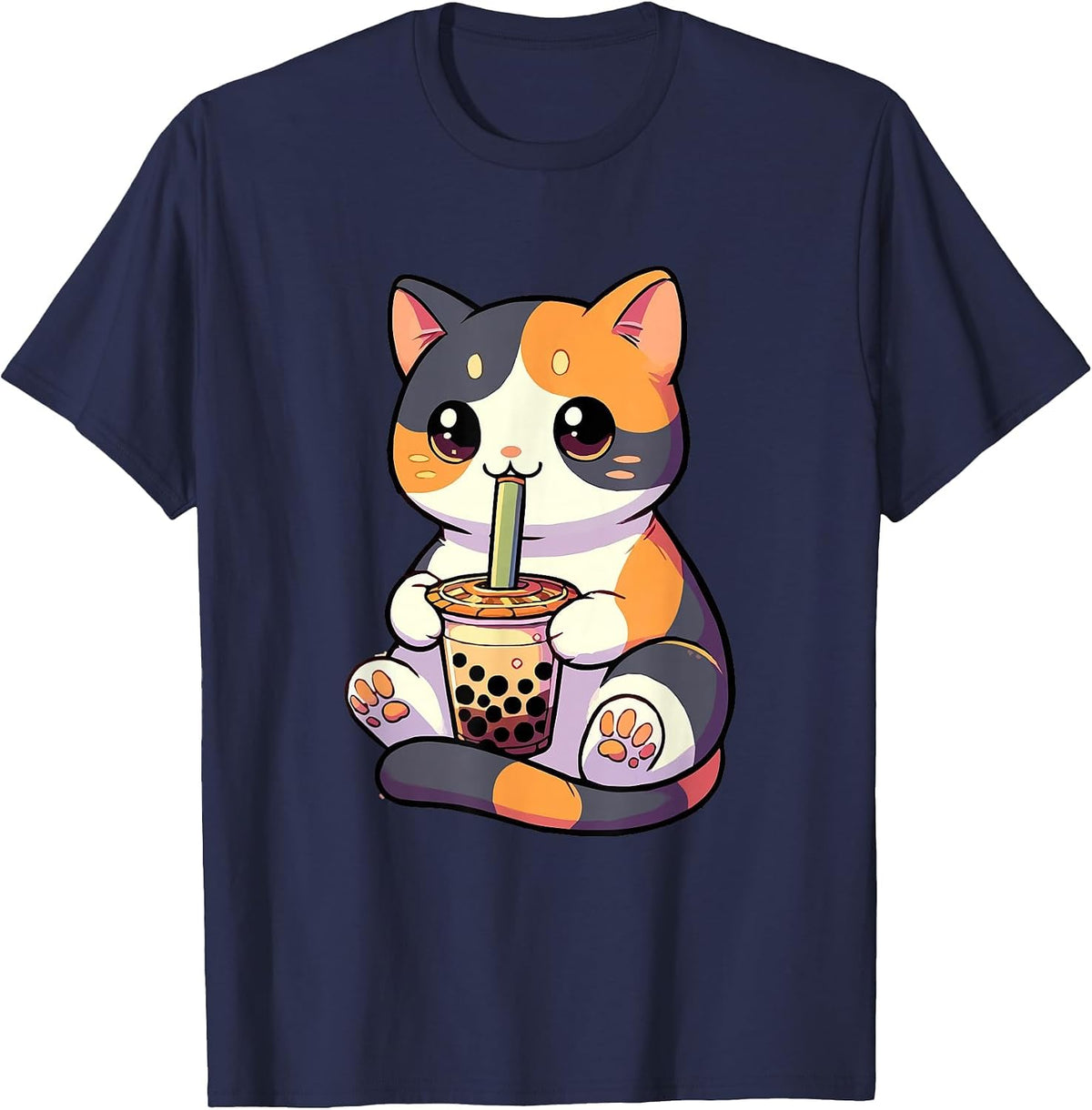 Cat Drinking Boba Feline Japanese Pet Kawaii Boba Calico Cat T-Shirt - Navy Blue
